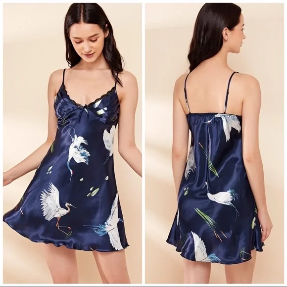 New Navy Blue Satin Silk-Like Nightgown - Picture 1 of 3